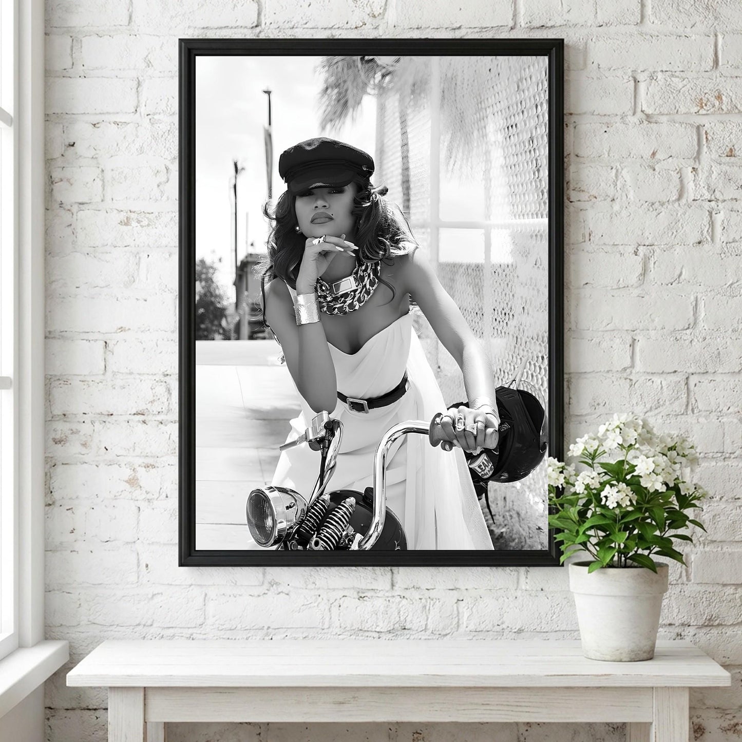 Zendaya | Black White Motorcycle Print | Biker Chic Wall Art | Vintage Glamour Poster | Edgy Fashion Decor