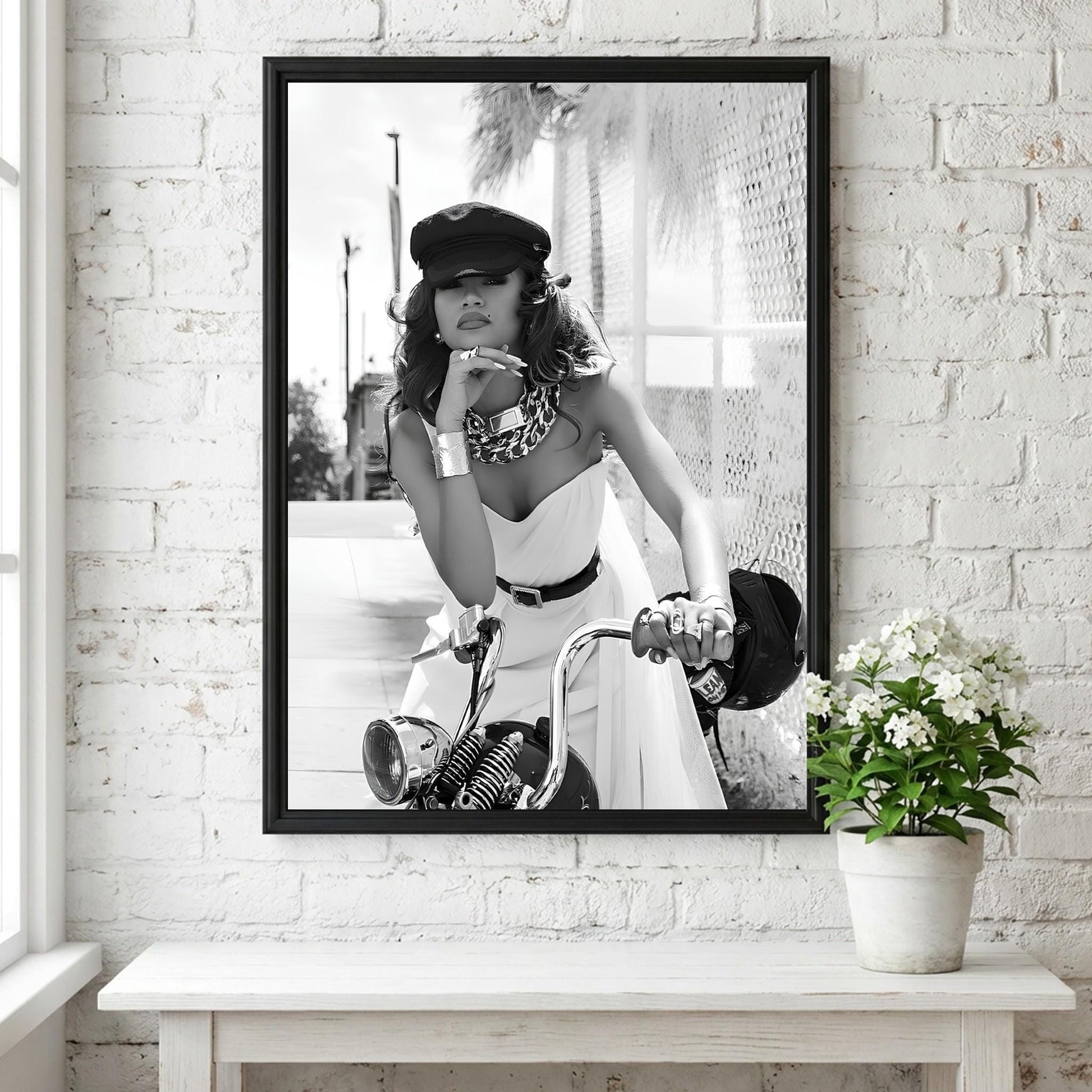 Zendaya | Black White Motorcycle Print | Biker Chic Wall Art | Vintage Glamour Poster | Edgy Fashion Decor