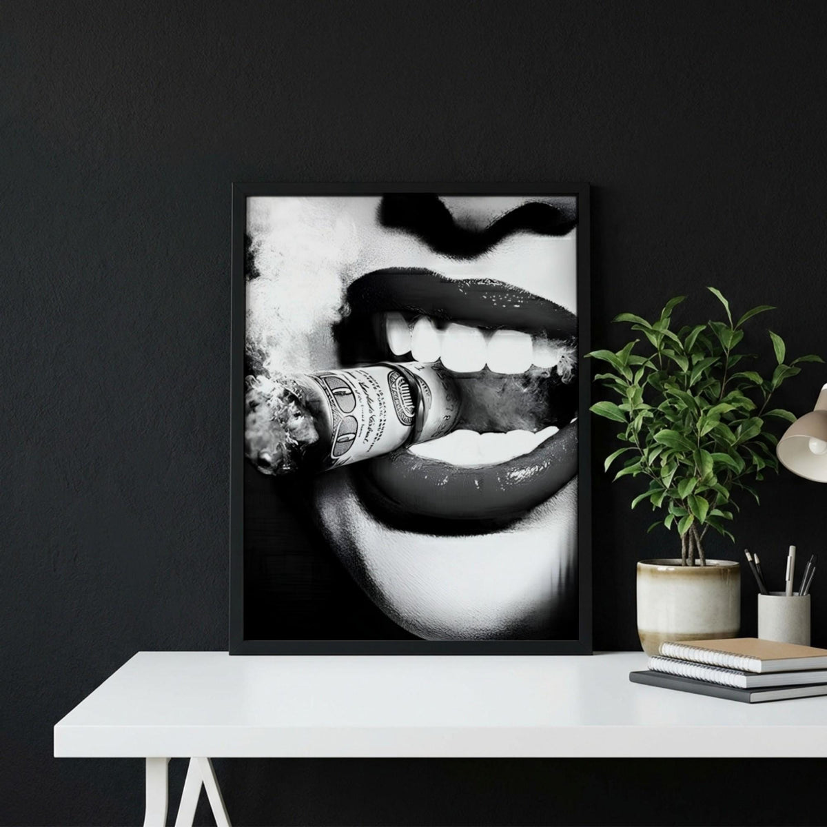 Burning Money Print | Hustle Wall Art | Boss Lady Decor | 100 Dollar Bill Poster | Black and White Pop Art