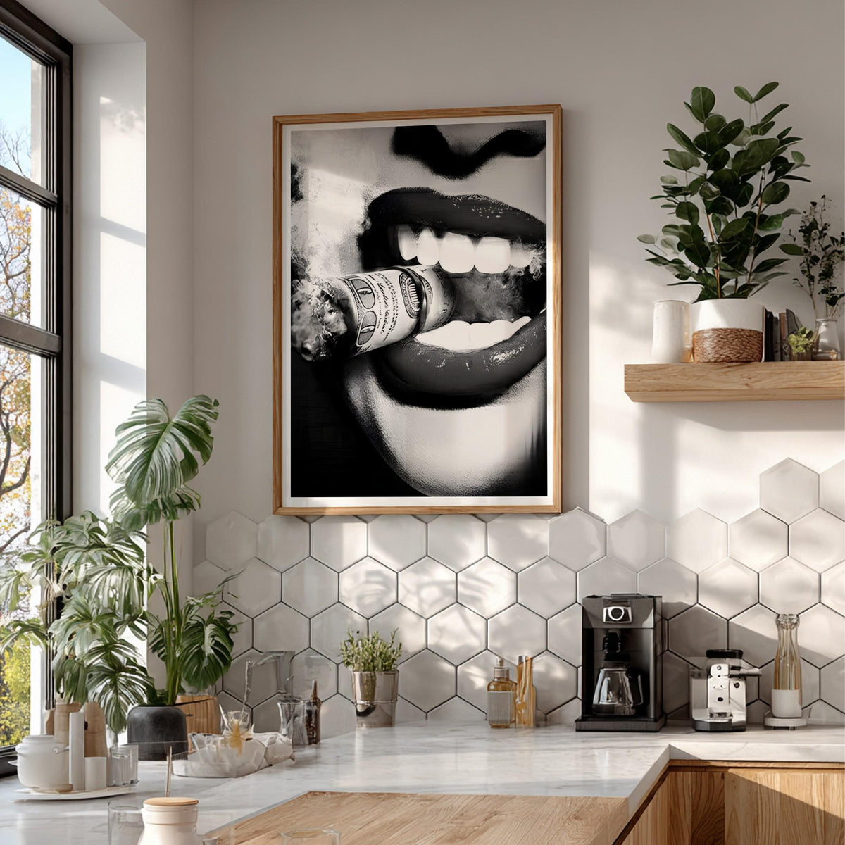 Burning Money Print | Hustle Wall Art | Boss Lady Decor | 100 Dollar Bill Poster | Black and White Pop Art