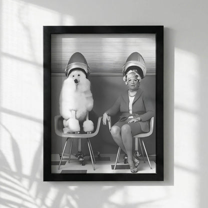 Vintage Salon Print | Poodle Hair Dryer Poster | Quirky Bathroom Wall Art | Black and White Retro Decor | Funny Beauty Parlor