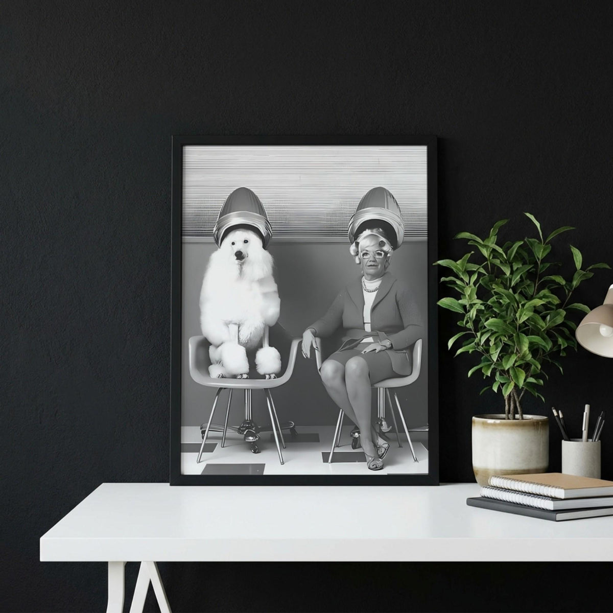 Vintage Salon Print | Poodle Hair Dryer Poster | Quirky Bathroom Wall Art | Black and White Retro Decor | Funny Beauty Parlor