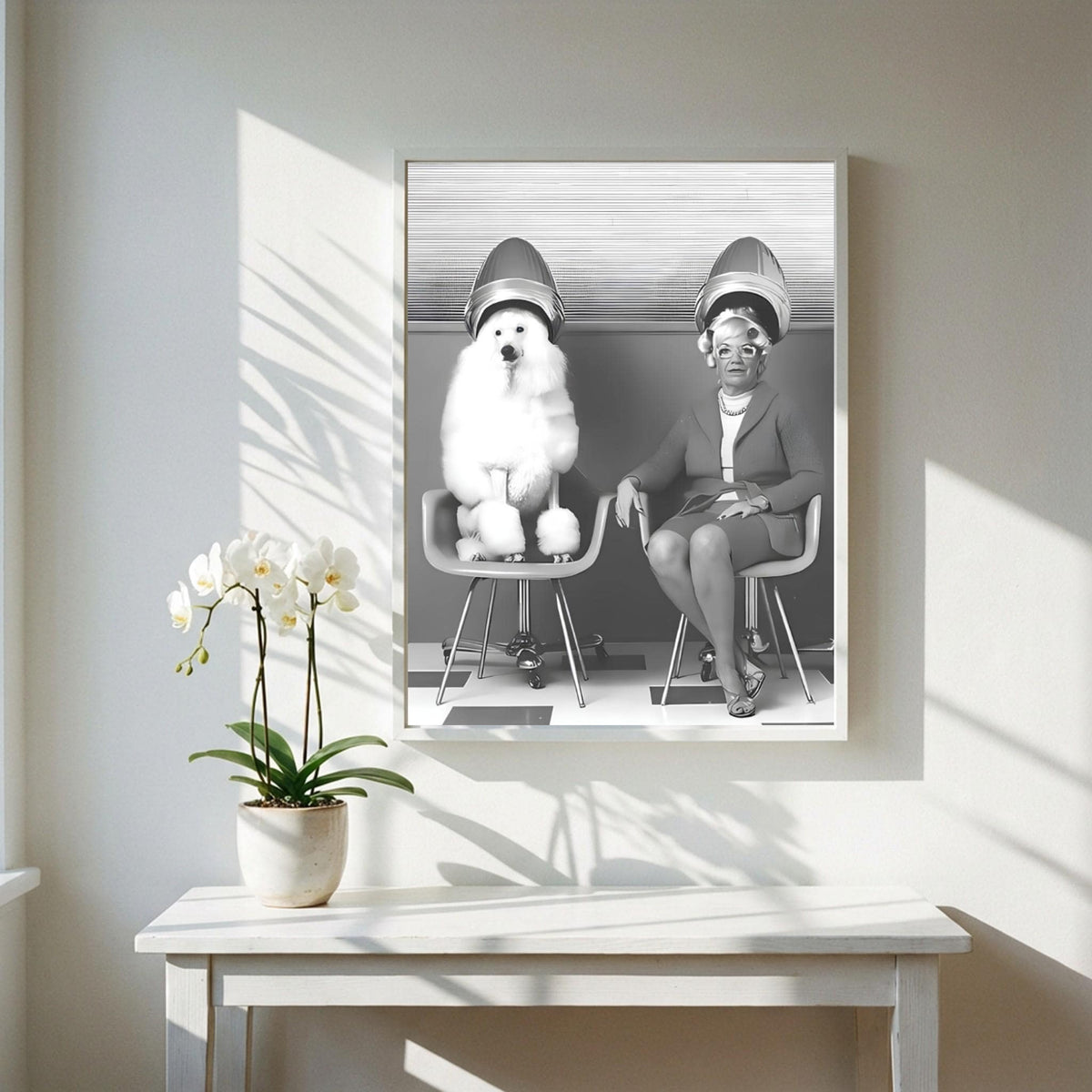 Vintage Salon Print | Poodle Hair Dryer Poster | Quirky Bathroom Wall Art | Black and White Retro Decor | Funny Beauty Parlor
