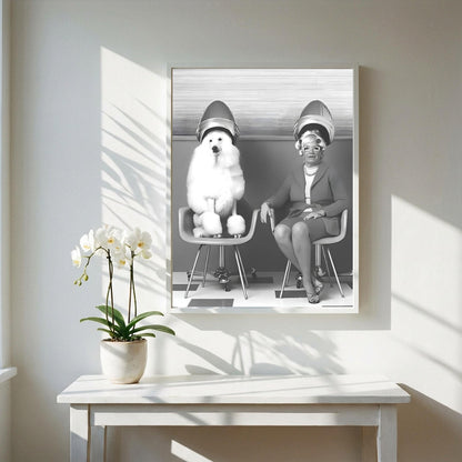 Vintage Salon Print | Poodle Hair Dryer Poster | Quirky Bathroom Wall Art | Black and White Retro Decor | Funny Beauty Parlor