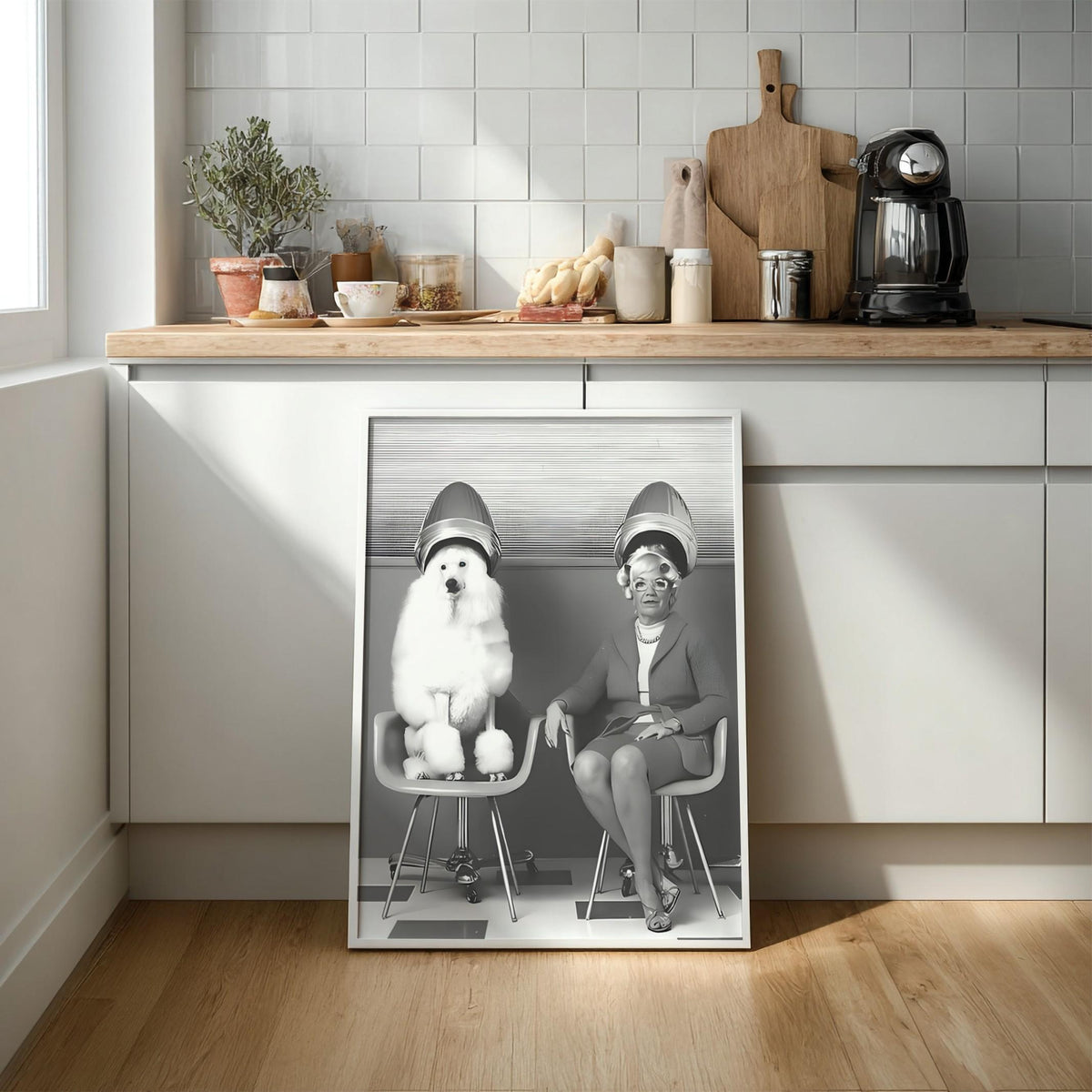 Vintage Salon Print | Poodle Hair Dryer Poster | Quirky Bathroom Wall Art | Black and White Retro Decor | Funny Beauty Parlor