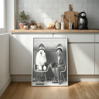 Vintage Salon Print | Poodle Hair Dryer Poster | Quirky Bathroom Wall Art | Black and White Retro Decor | Funny Beauty Parlor