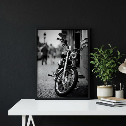 Black and White Motorcycle Print | Classic Cruiser Wall Art | Urban Biker Poster | Cinematic Street Decor | Edgy Office Art