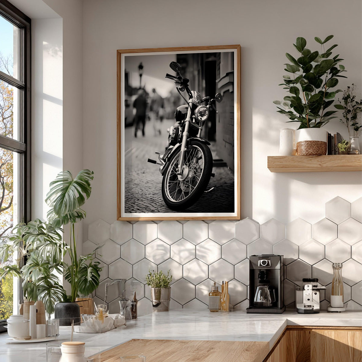 Black and White Motorcycle Print | Classic Cruiser Wall Art | Urban Biker Poster | Cinematic Street Decor | Edgy Office Art