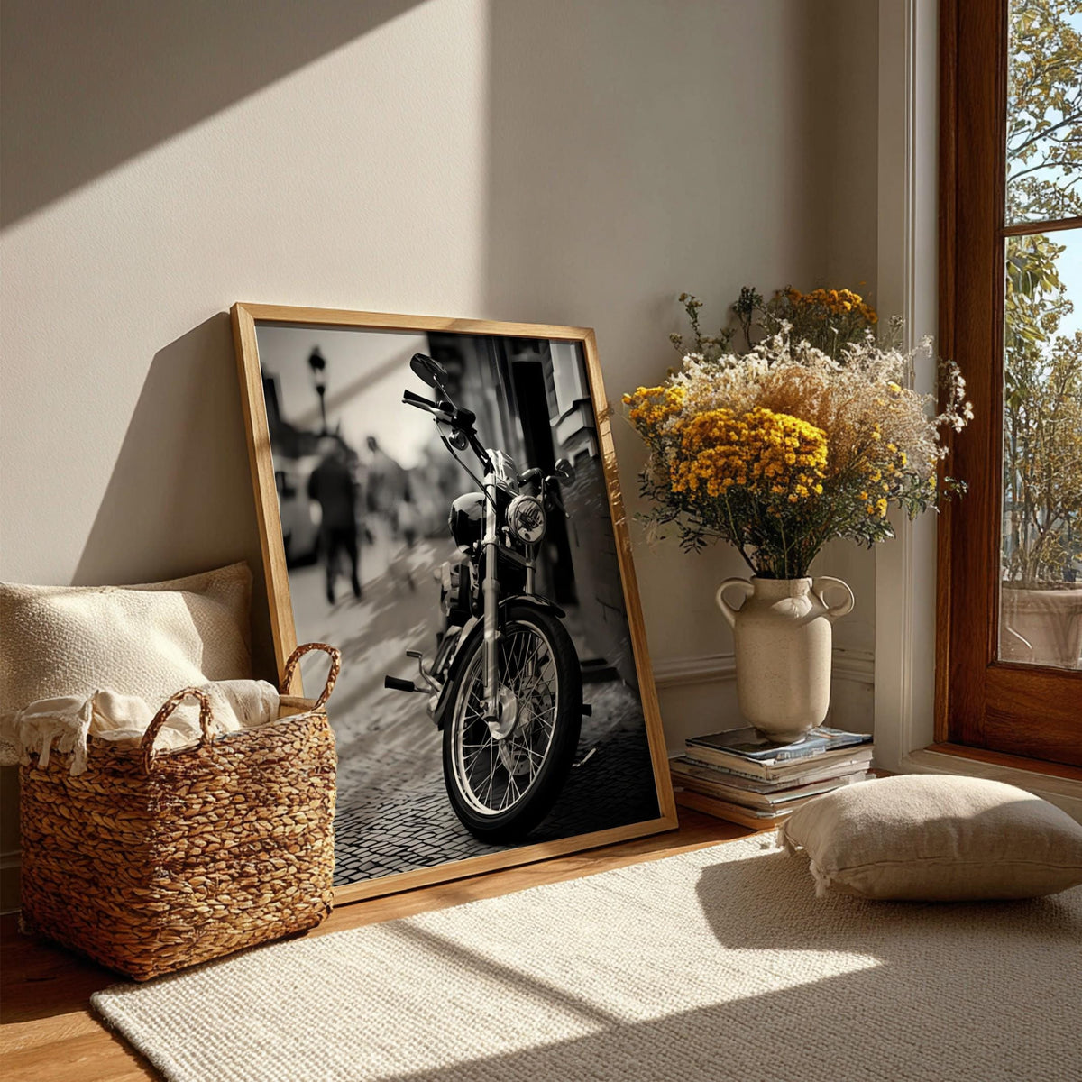 Black and White Motorcycle Print | Classic Cruiser Wall Art | Urban Biker Poster | Cinematic Street Decor | Edgy Office Art