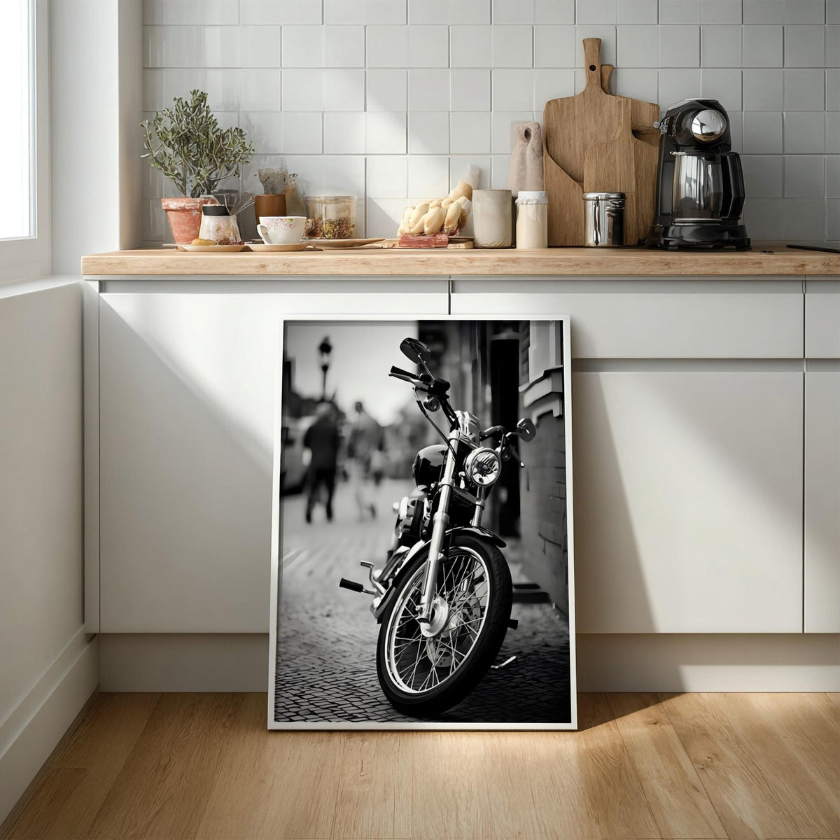 Black and White Motorcycle Print | Classic Cruiser Wall Art | Urban Biker Poster | Cinematic Street Decor | Edgy Office Art