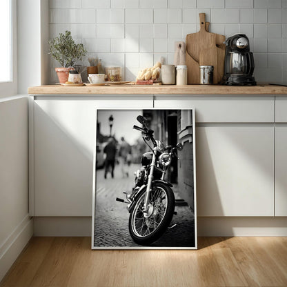 Black and White Motorcycle Print | Classic Cruiser Wall Art | Urban Biker Poster | Cinematic Street Decor | Edgy Office Art