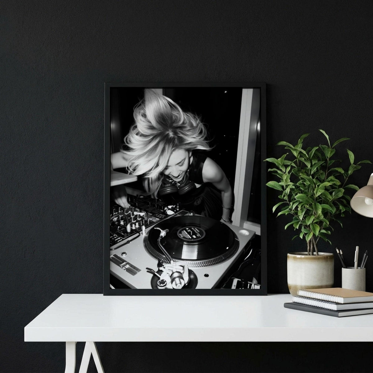 Female DJ Vinyl Print | Black and White Music Poster | Energetic Studio Wall Art | Boss Lady Decor | Modern Turntable Art