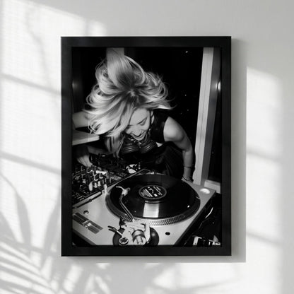 Female DJ Vinyl Print | Black and White Music Poster | Energetic Studio Wall Art | Boss Lady Decor | Modern Turntable Art