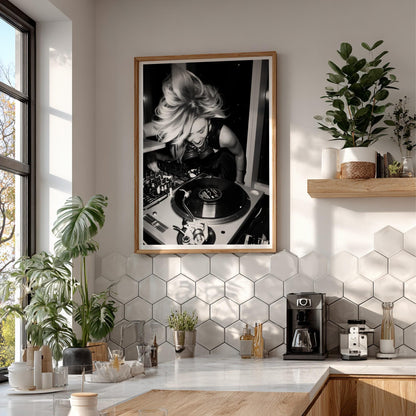 Female DJ Vinyl Print | Black and White Music Poster | Energetic Studio Wall Art | Boss Lady Decor | Modern Turntable Art