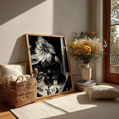 Female DJ Vinyl Print | Black and White Music Poster | Energetic Studio Wall Art | Boss Lady Decor | Modern Turntable Art