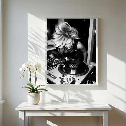 Female DJ Vinyl Print | Black and White Music Poster | Energetic Studio Wall Art | Boss Lady Decor | Modern Turntable Art