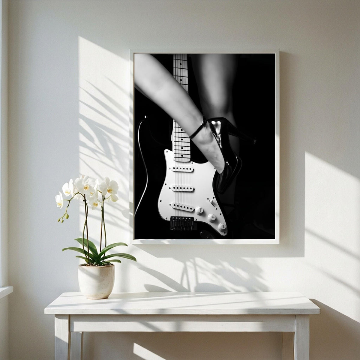 High Heel Guitar Art | Edgy Boss Lady Print | Rock and Roll Poster | Black and White Music Decor | Modern Studio Wall Art