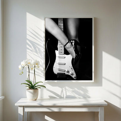 High Heel Guitar Art | Edgy Boss Lady Print | Rock and Roll Poster | Black and White Music Decor | Modern Studio Wall Art