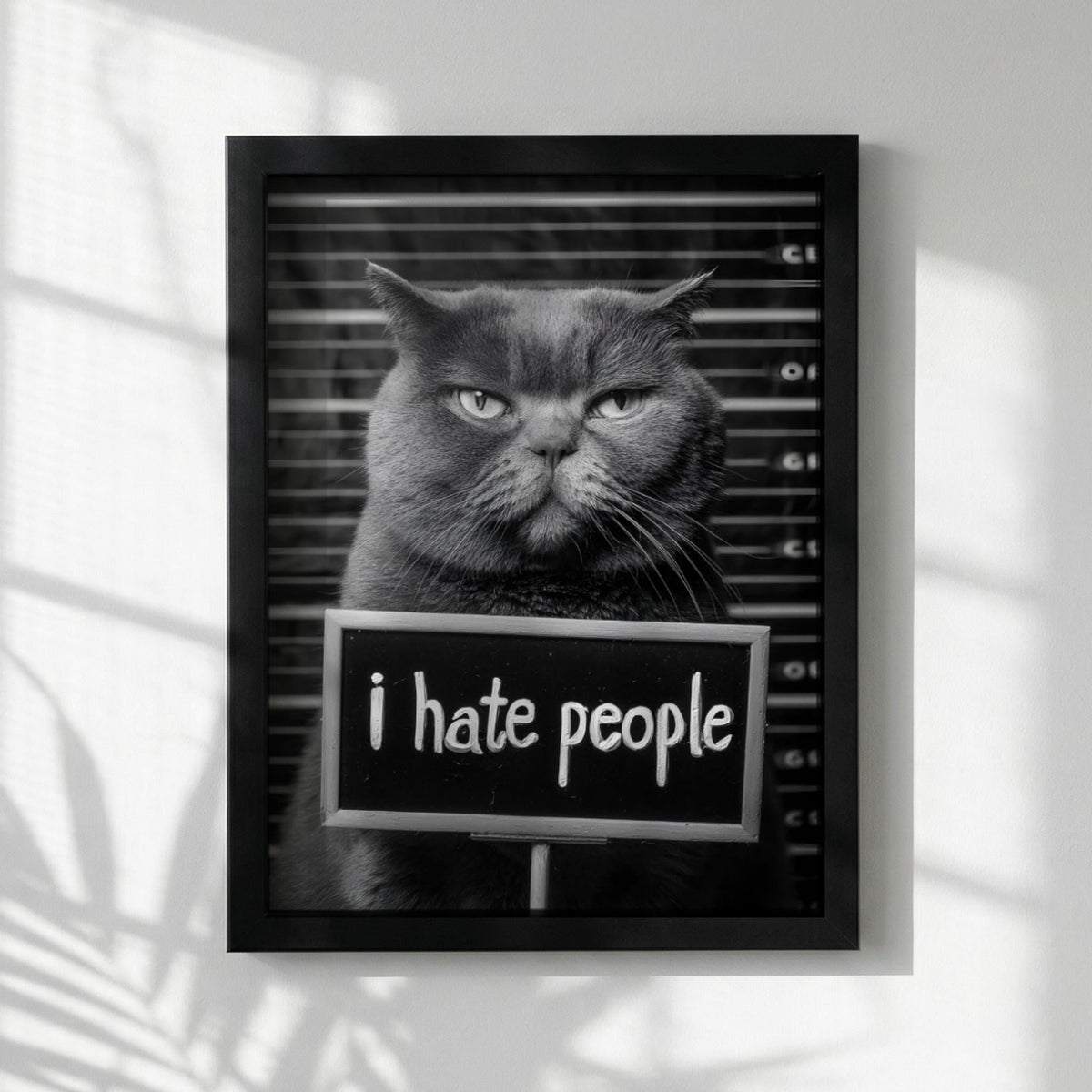 Grumpy Cat Mugshot Print | Introvert Wall Art | Funny Black and White Poster | I Hate People Sign | Quirky Office Decor