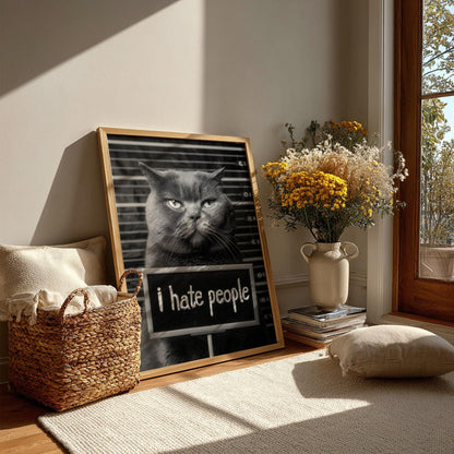 Grumpy Cat Mugshot Print | Introvert Wall Art | Funny Black and White Poster | I Hate People Sign | Quirky Office Decor