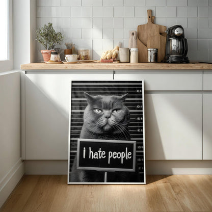Grumpy Cat Mugshot Print | Introvert Wall Art | Funny Black and White Poster | I Hate People Sign | Quirky Office Decor