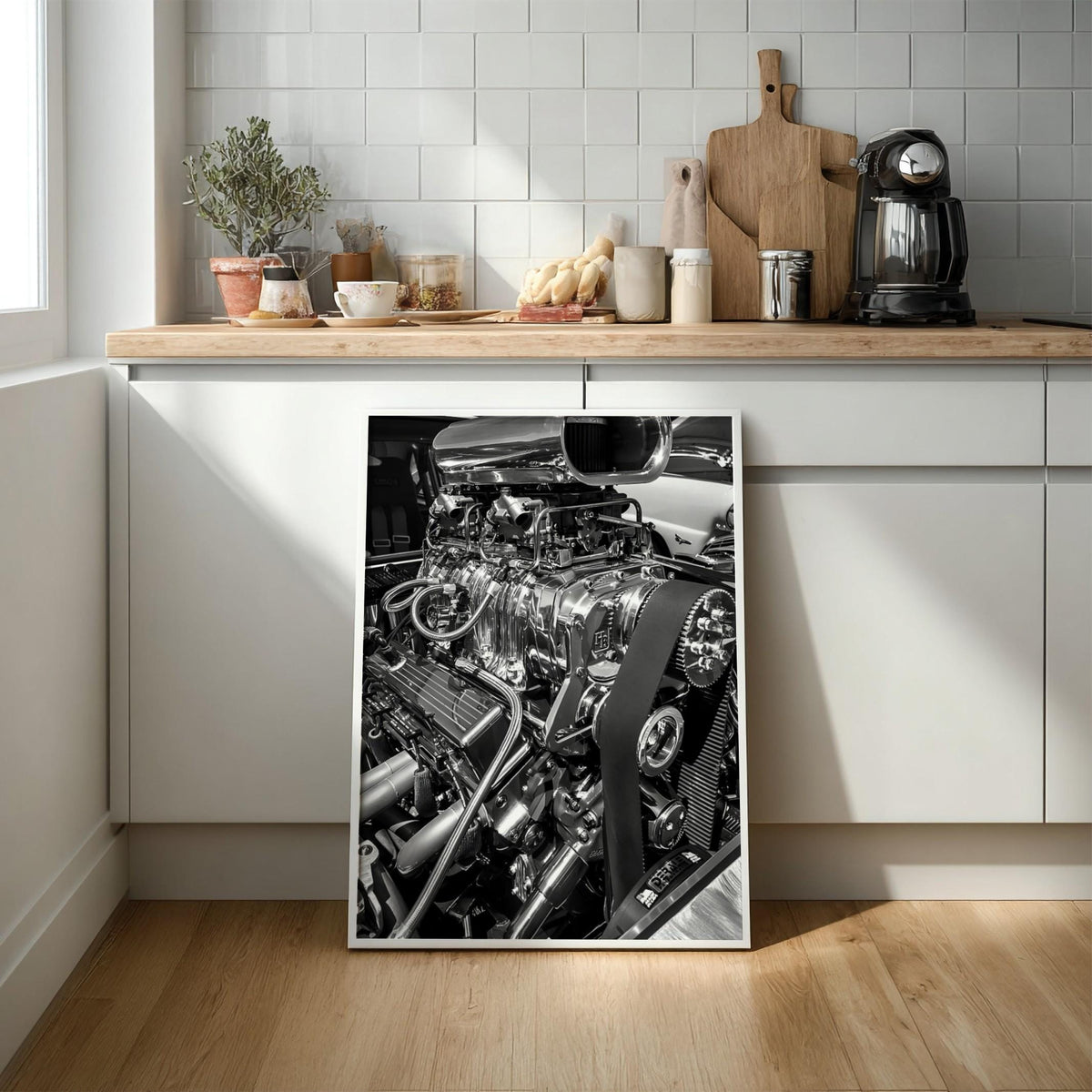 Chrome Engine Print | Hot Rod Motor Poster | Black and White Car Art | Edgy Garage Decor | Muscle Car Wall Art