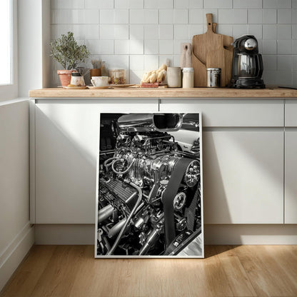 Chrome Engine Print | Hot Rod Motor Poster | Black and White Car Art | Edgy Garage Decor | Muscle Car Wall Art