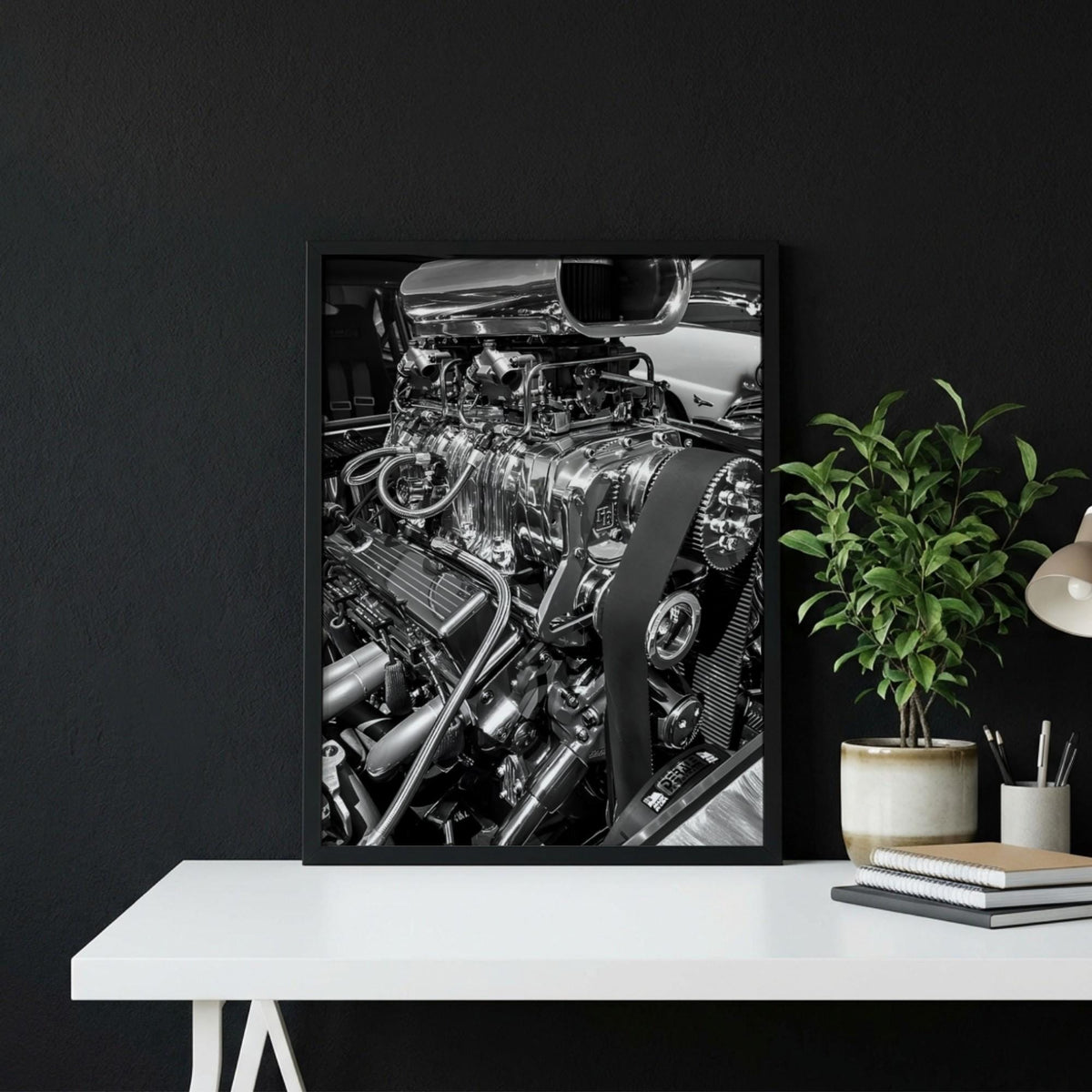 Chrome Engine Print | Hot Rod Motor Poster | Black and White Car Art | Edgy Garage Decor | Muscle Car Wall Art
