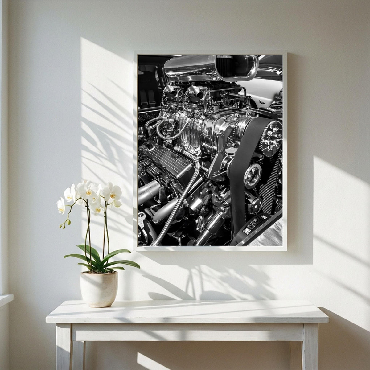 Chrome Engine Print | Hot Rod Motor Poster | Black and White Car Art | Edgy Garage Decor | Muscle Car Wall Art