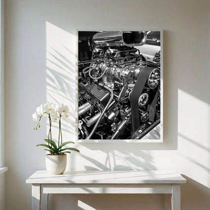 Chrome Engine Print | Hot Rod Motor Poster | Black and White Car Art | Edgy Garage Decor | Muscle Car Wall Art
