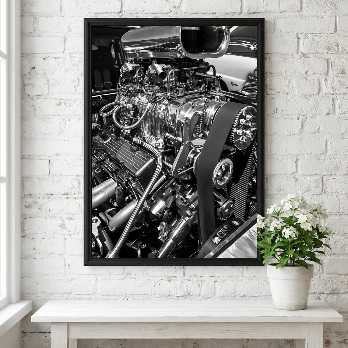 Chrome Engine Print | Hot Rod Motor Poster | Black and White Car Art | Edgy Garage Decor | Muscle Car Wall Art