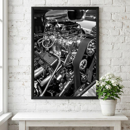Chrome Engine Print | Hot Rod Motor Poster | Black and White Car Art | Edgy Garage Decor | Muscle Car Wall Art