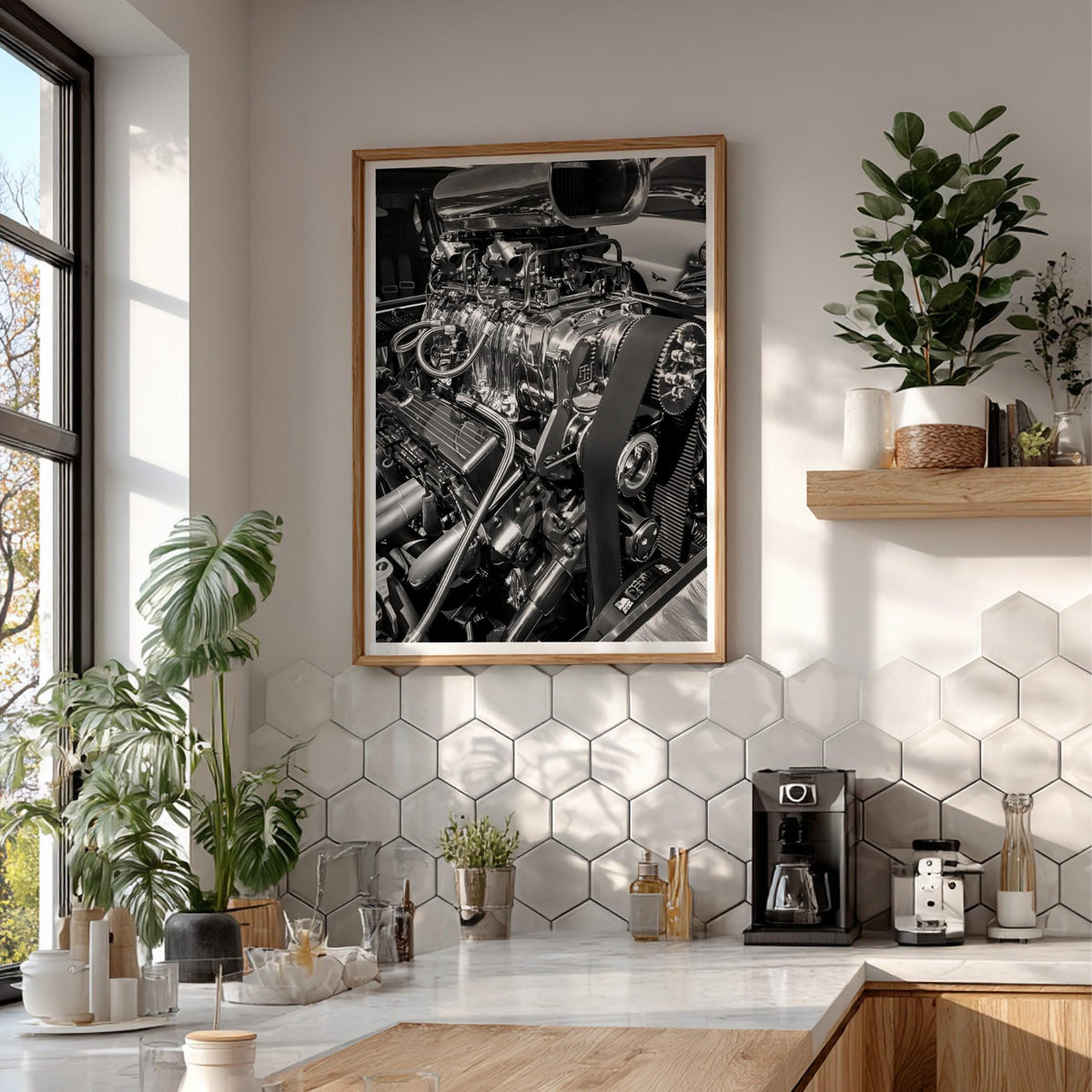 Chrome Engine Print | Hot Rod Motor Poster | Black and White Car Art | Edgy Garage Decor | Muscle Car Wall Art