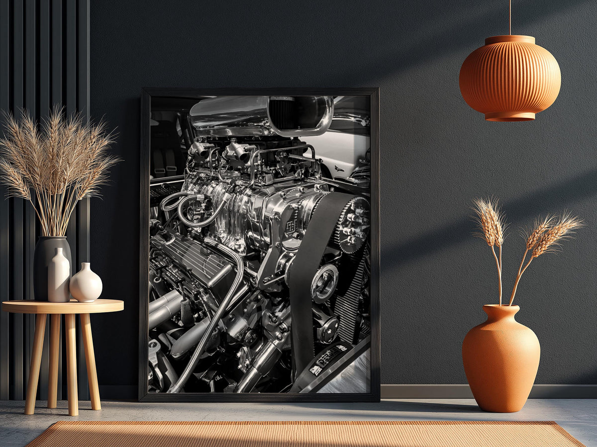 Chrome Engine Print | Hot Rod Motor Poster | Black and White Car Art | Edgy Garage Decor | Muscle Car Wall Art