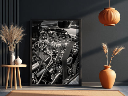 Chrome Engine Print | Hot Rod Motor Poster | Black and White Car Art | Edgy Garage Decor | Muscle Car Wall Art