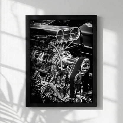 Camaro Engine Print | Muscle Car Wall Art | Black White Garage Decor | Edgy Mechanic Poster | Hot Rod Automotive Art