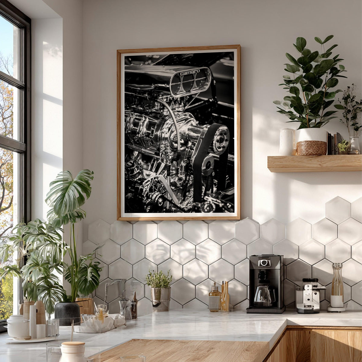 Camaro Engine Print | Muscle Car Wall Art | Black White Garage Decor | Edgy Mechanic Poster | Hot Rod Automotive Art