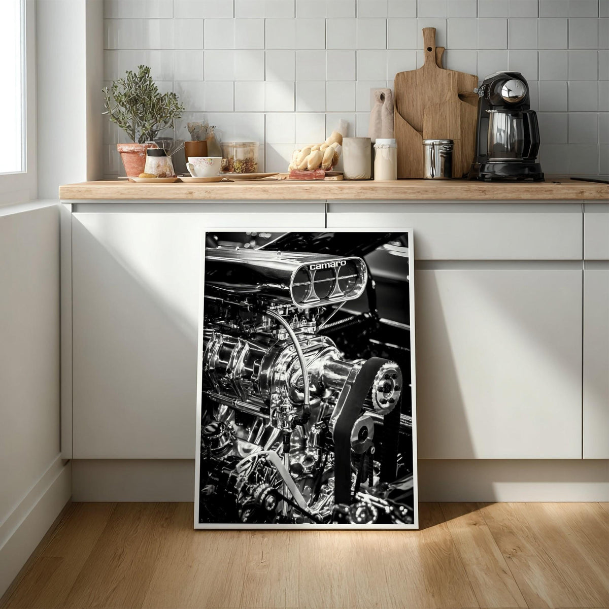 Camaro Engine Print | Muscle Car Wall Art | Black White Garage Decor | Edgy Mechanic Poster | Hot Rod Automotive Art