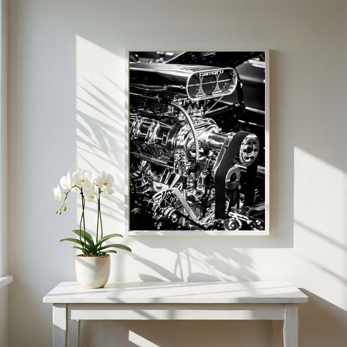 Camaro Engine Print | Muscle Car Wall Art | Black White Garage Decor | Edgy Mechanic Poster | Hot Rod Automotive Art