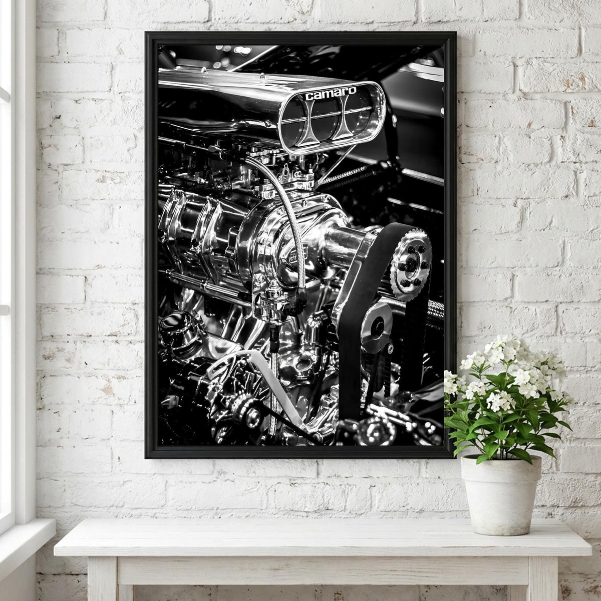 Camaro Engine Print | Muscle Car Wall Art | Black White Garage Decor | Edgy Mechanic Poster | Hot Rod Automotive Art