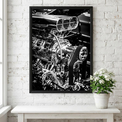 Camaro Engine Print | Muscle Car Wall Art | Black White Garage Decor | Edgy Mechanic Poster | Hot Rod Automotive Art