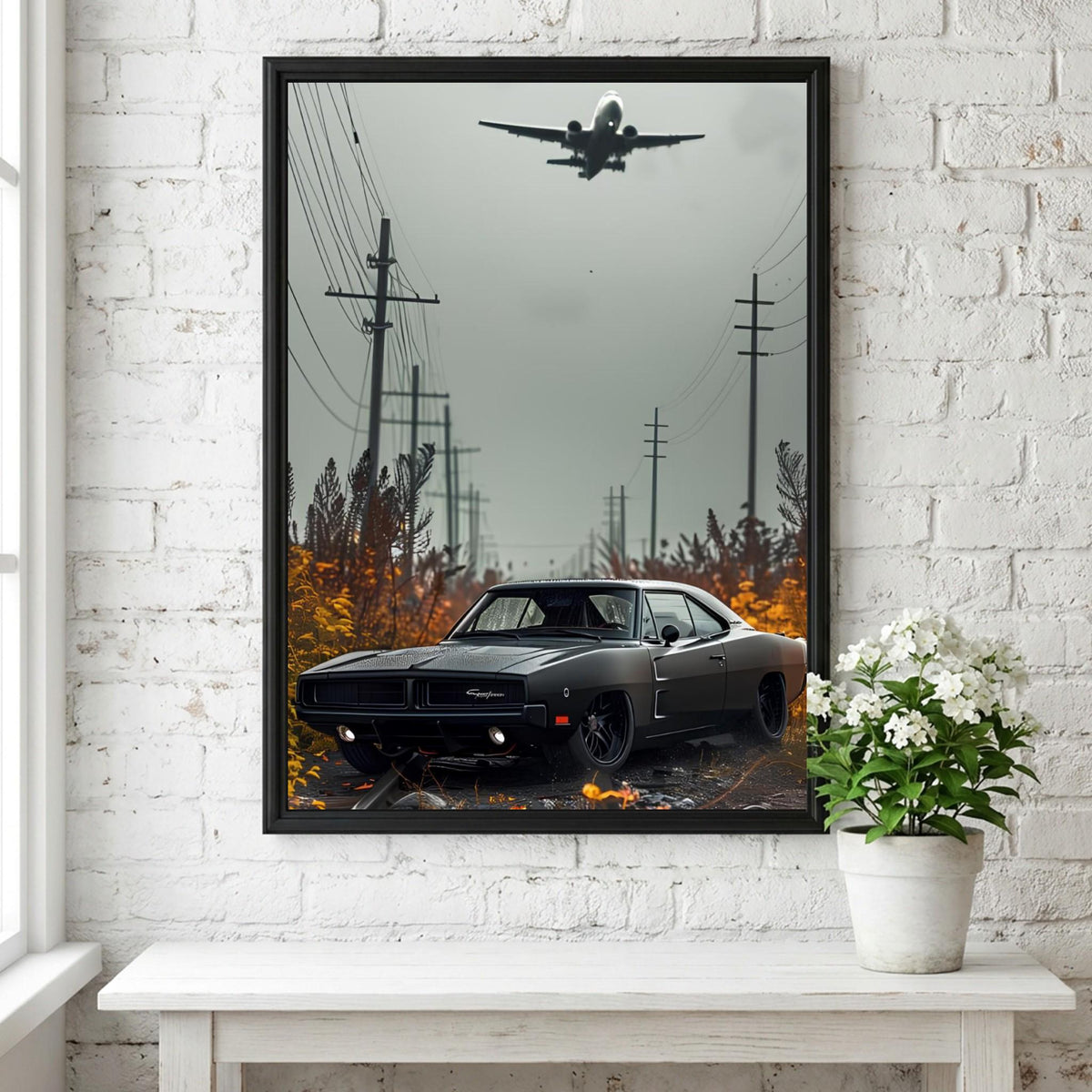 Classic Muscle Car Print | Dark Cinematic Poster | Airplane Wall Art | Edgy Garage Decor | Urban Industrial Art