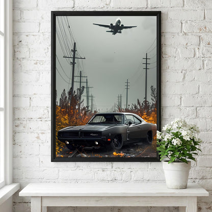 Classic Muscle Car Print | Dark Cinematic Poster | Airplane Wall Art | Edgy Garage Decor | Urban Industrial Art