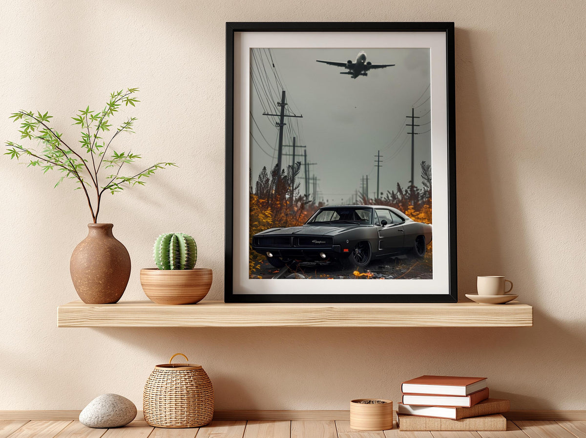 Classic Muscle Car Print | Dark Cinematic Poster | Airplane Wall Art | Edgy Garage Decor | Urban Industrial Art