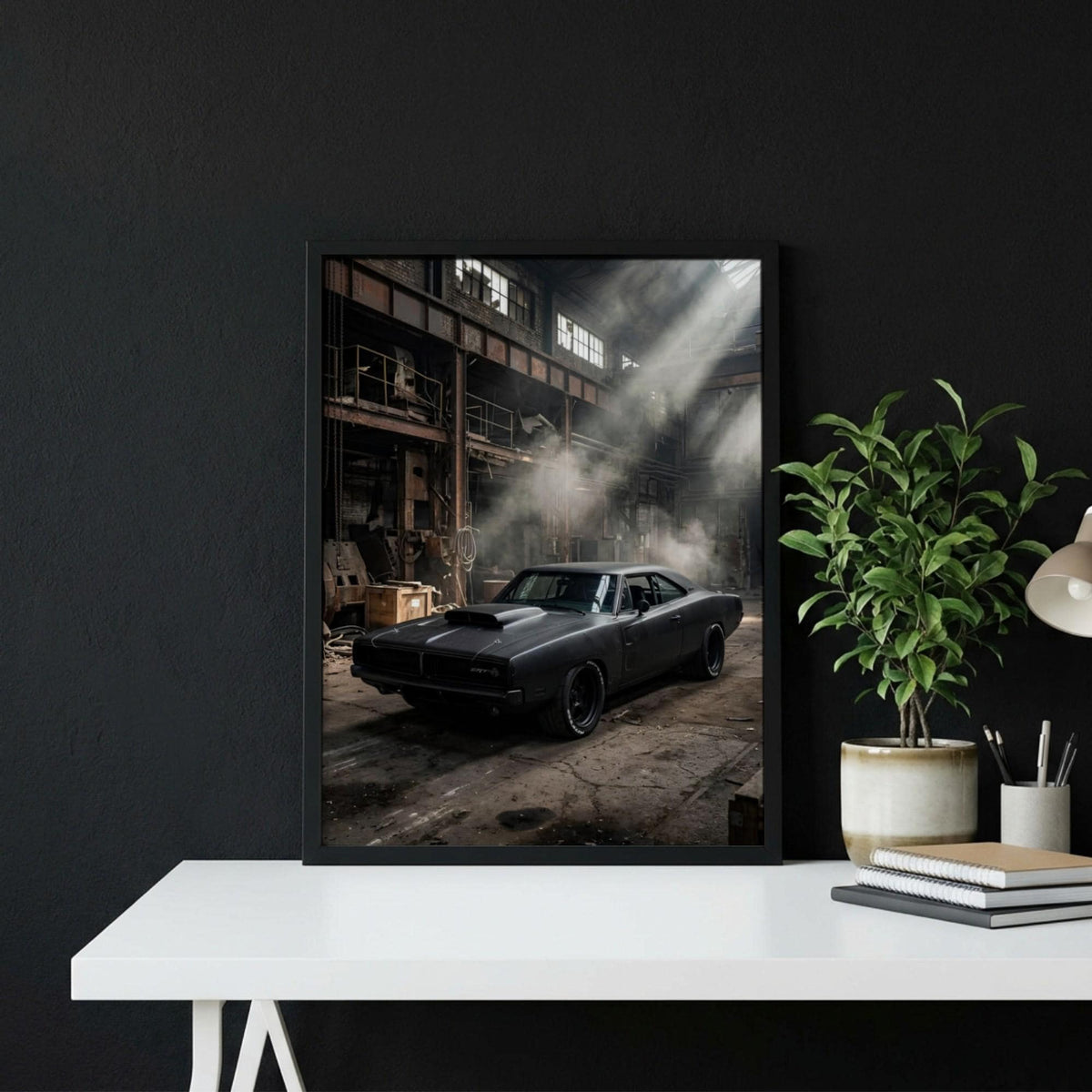 Black Muscle Car Print | Industrial Garage Decor | Dark Cinematic Poster | Edgy Mechanic Wall Art | Classic Vehicle Art