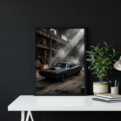 Black Muscle Car Print | Industrial Garage Decor | Dark Cinematic Poster | Edgy Mechanic Wall Art | Classic Vehicle Art