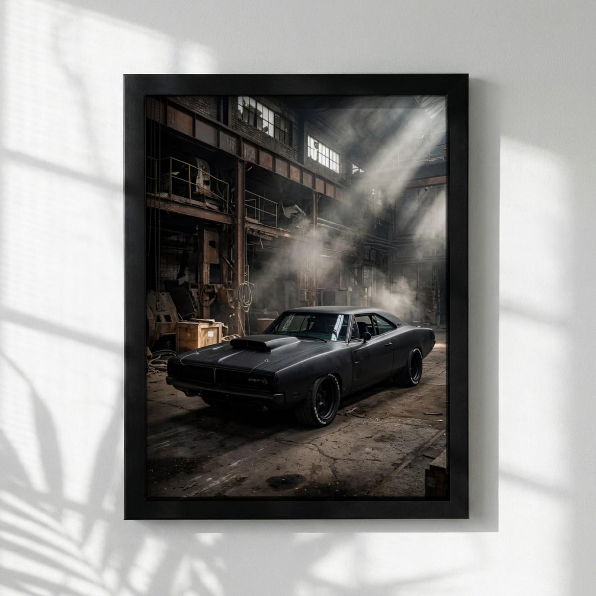 Black Muscle Car Print | Industrial Garage Decor | Dark Cinematic Poster | Edgy Mechanic Wall Art | Classic Vehicle Art