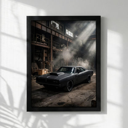 Black Muscle Car Print | Industrial Garage Decor | Dark Cinematic Poster | Edgy Mechanic Wall Art | Classic Vehicle Art