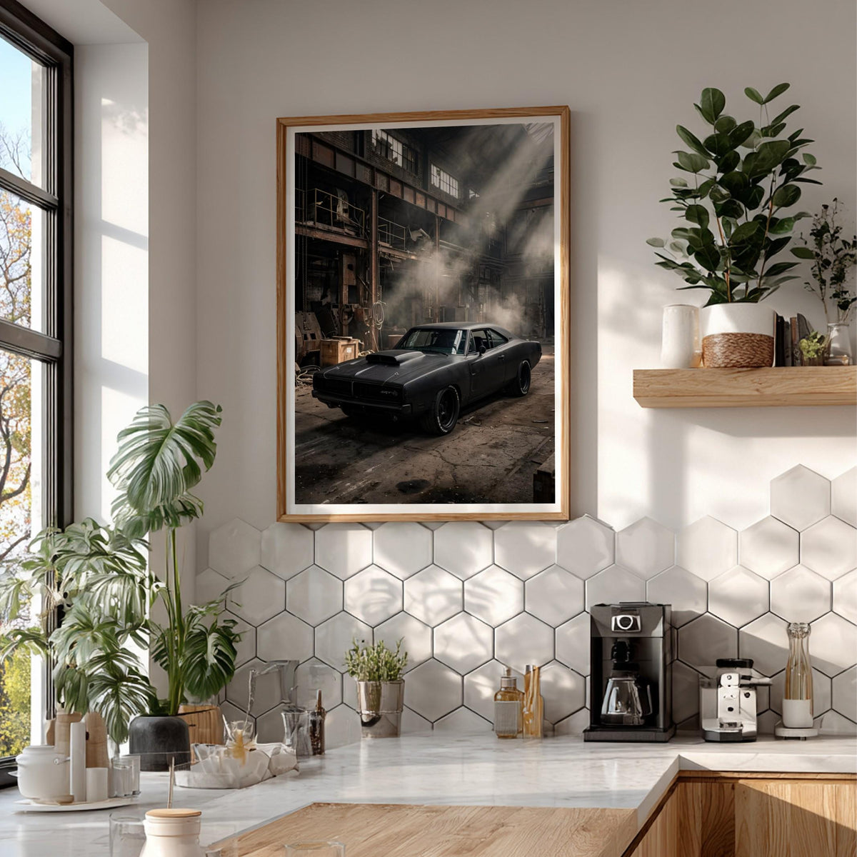 Black Muscle Car Print | Industrial Garage Decor | Dark Cinematic Poster | Edgy Mechanic Wall Art | Classic Vehicle Art