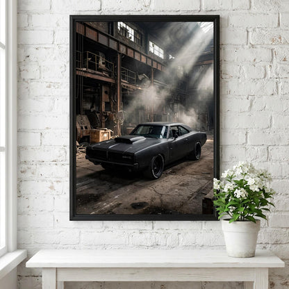 Black Muscle Car Print | Industrial Garage Decor | Dark Cinematic Poster | Edgy Mechanic Wall Art | Classic Vehicle Art